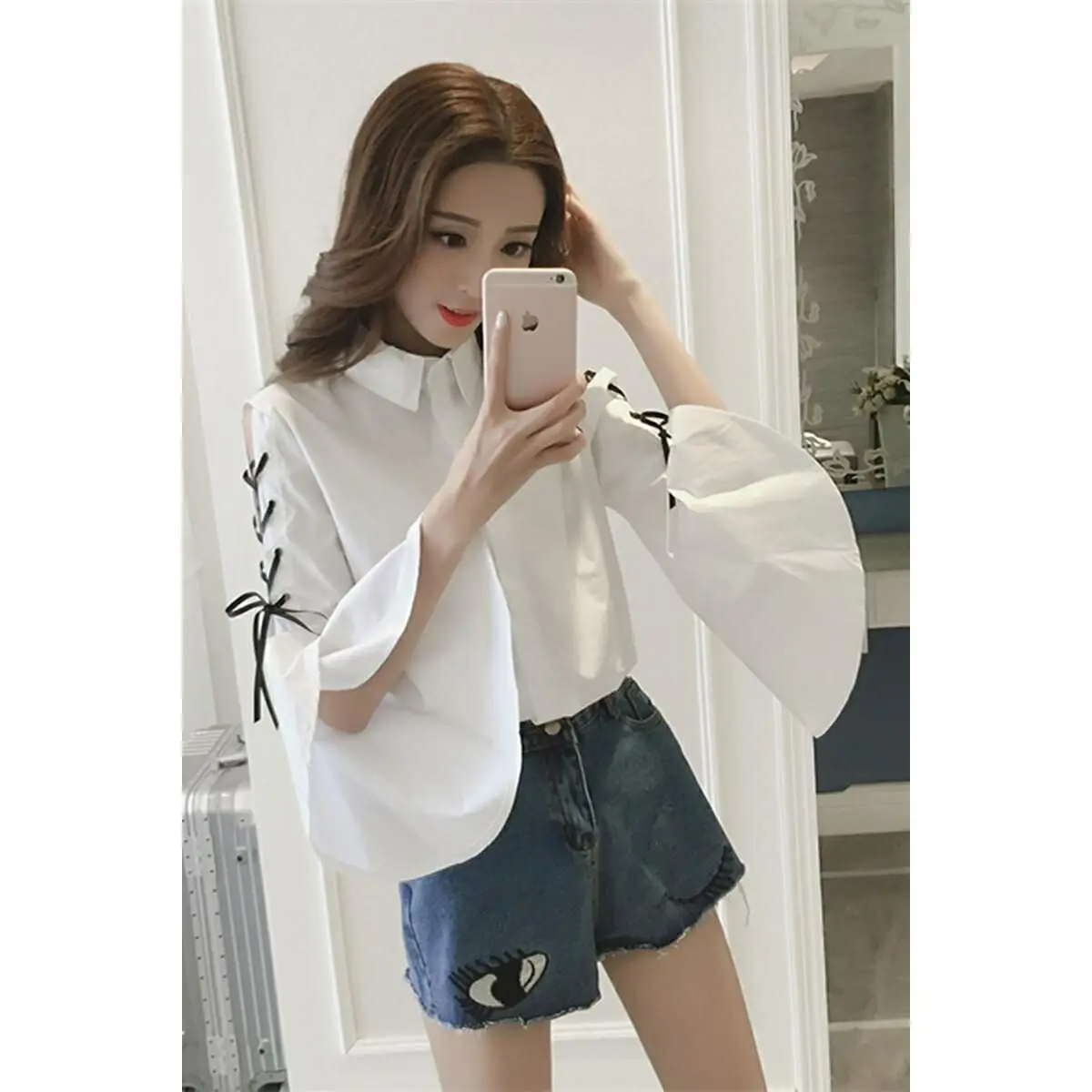 Lace-Up Flare Sleeve Shirt 2022 Fashion Spring Autumn Long Sleeve Shirt Female Elegant Korean Blouses Girls Sweet Casual Tops