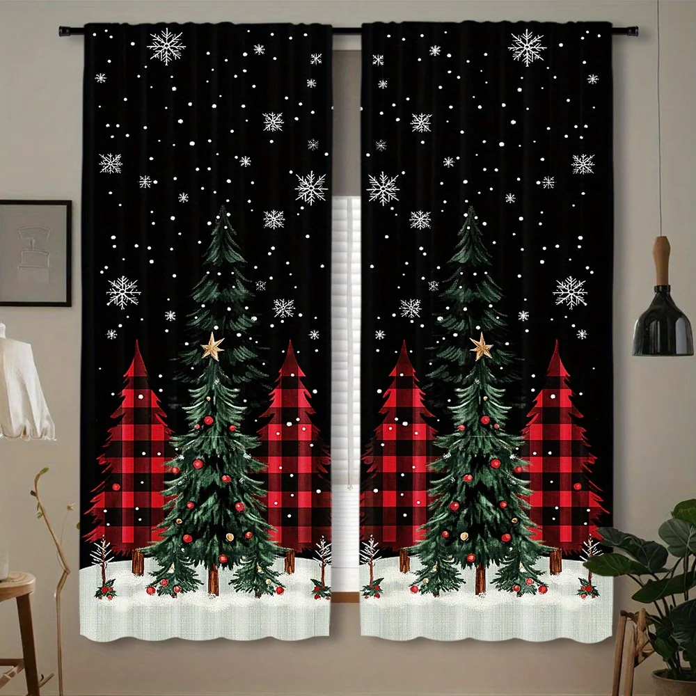 Buffalo Plaid Christmas Tree Curtain 2 Panels, Pine Snowflake Snow Ground Black Background Print, Drapes for Bedroom Curtain