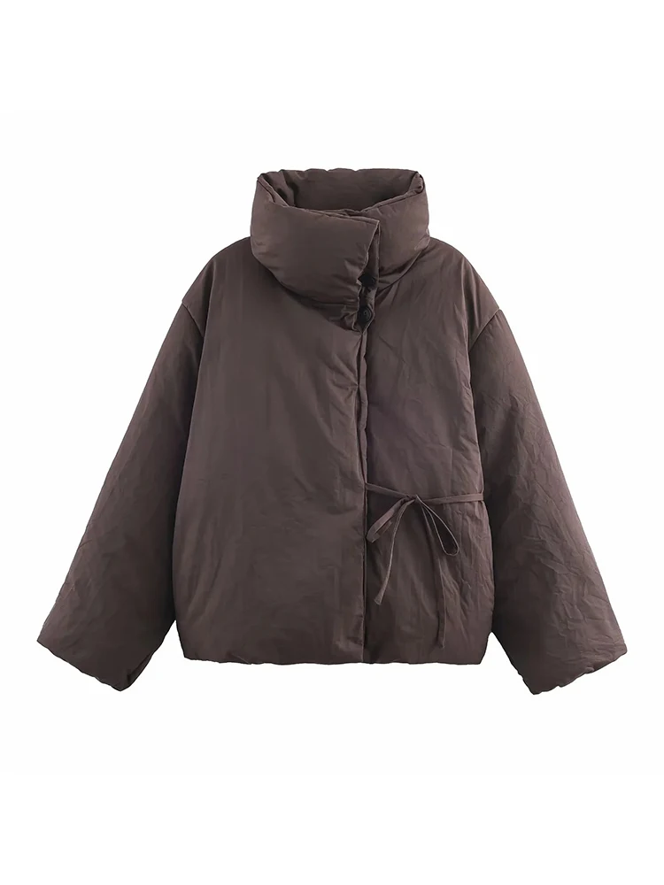 여성용 신상 가을 겨울 패딩 코트 커피 브라운 레이스업 스탠드 칼라 재킷 여성 패션 우아한 캐주얼 다용도 재킷