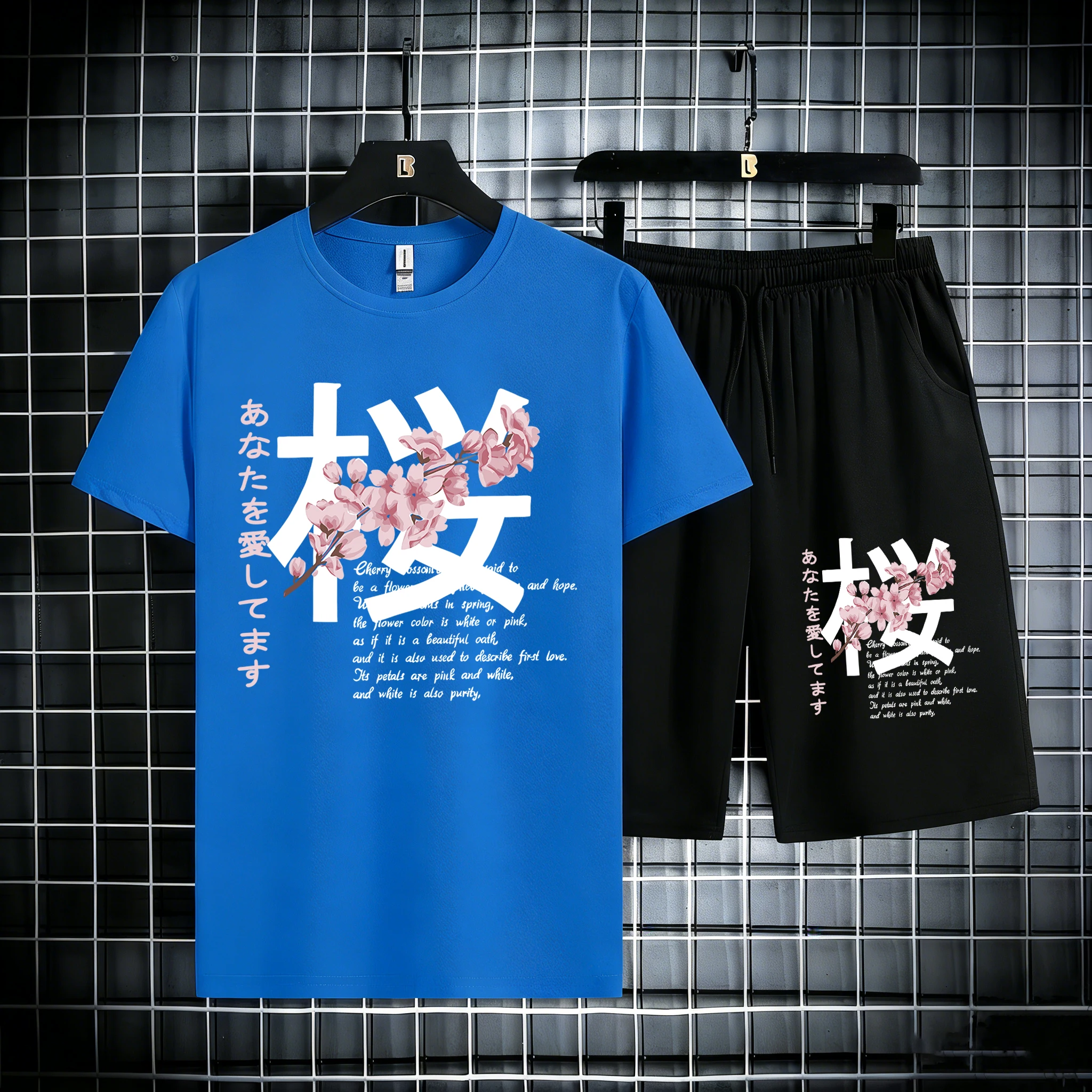

Japan Harajuku Cherry Blossom Art Letter Print Man Summer Cotton Simple T Shirt Set Jogging Basic Sportpant Comfy Breathable Top