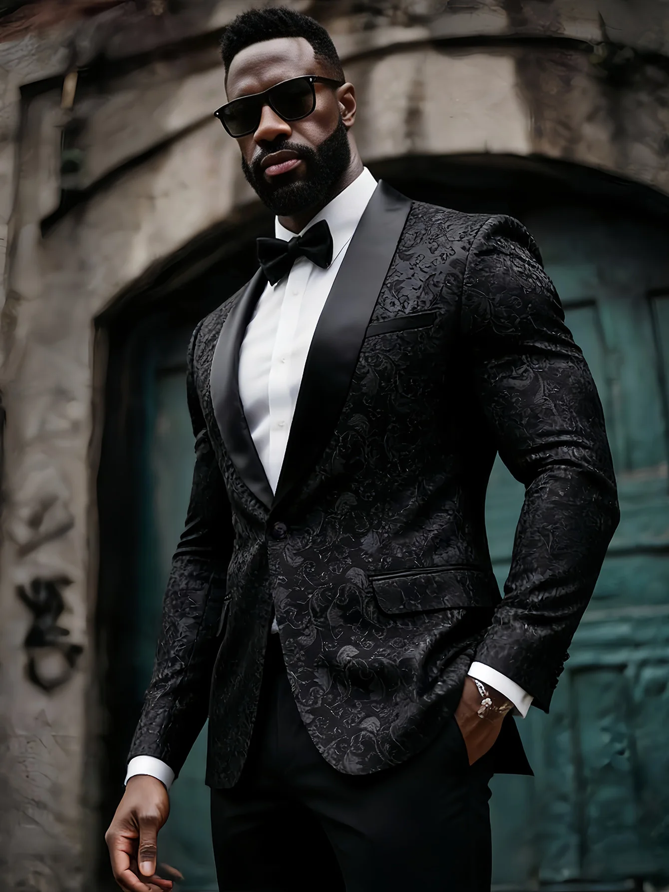 

Men's Suit 2 Piece Paisley Jacquard Tuxedo - Black Shawl Lapel Blazer Jacket & Pants Slim Fit for Prom Wedding Party