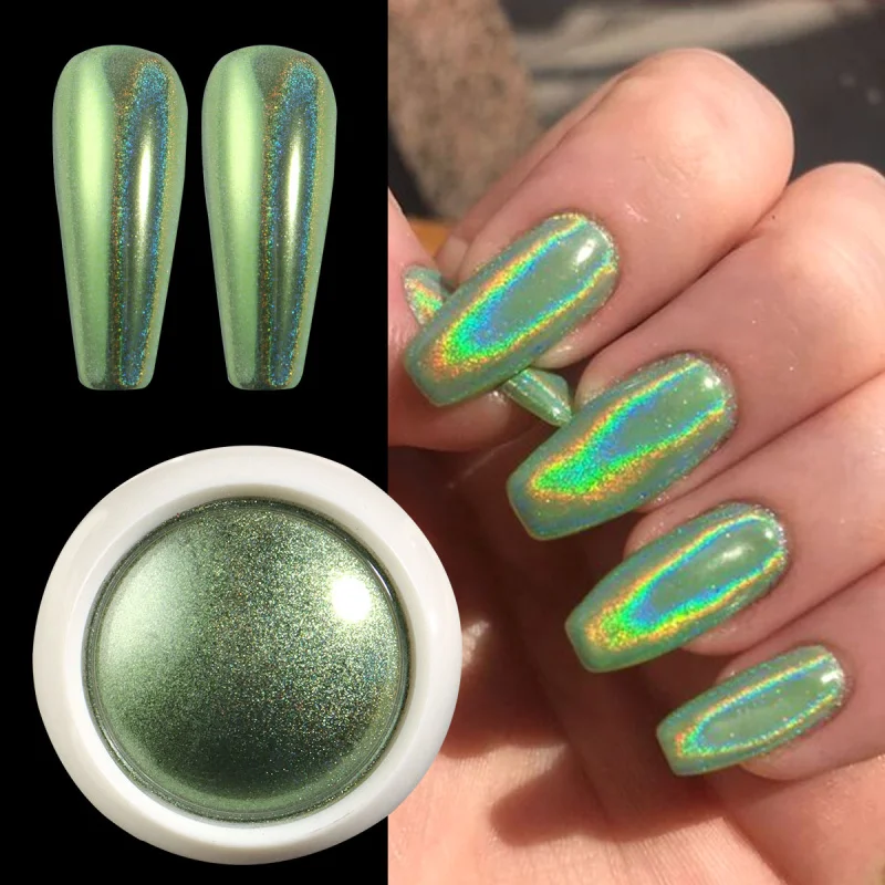 1 Box Rainbow Holographic Nail Glitter Laser Green Chrome Powder Rubbing Pigment Dust Y2K Spring Summer Nail Charms Decorations