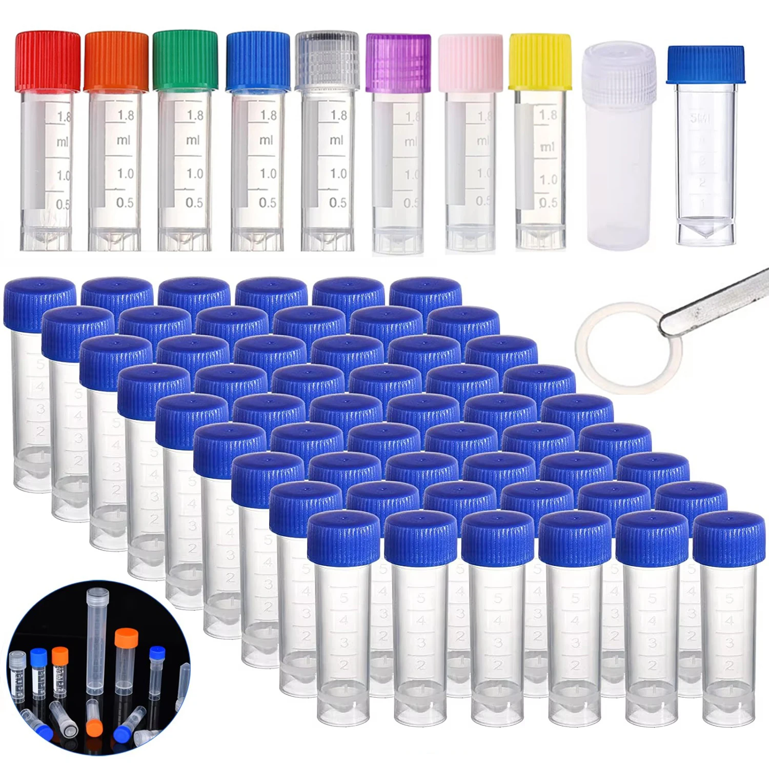 1-10ml Plastic Test Tubes Vials Sample Container Powder Craft Screw Cap Bottles for Office School Chemistry Supplies 50/100Pcs