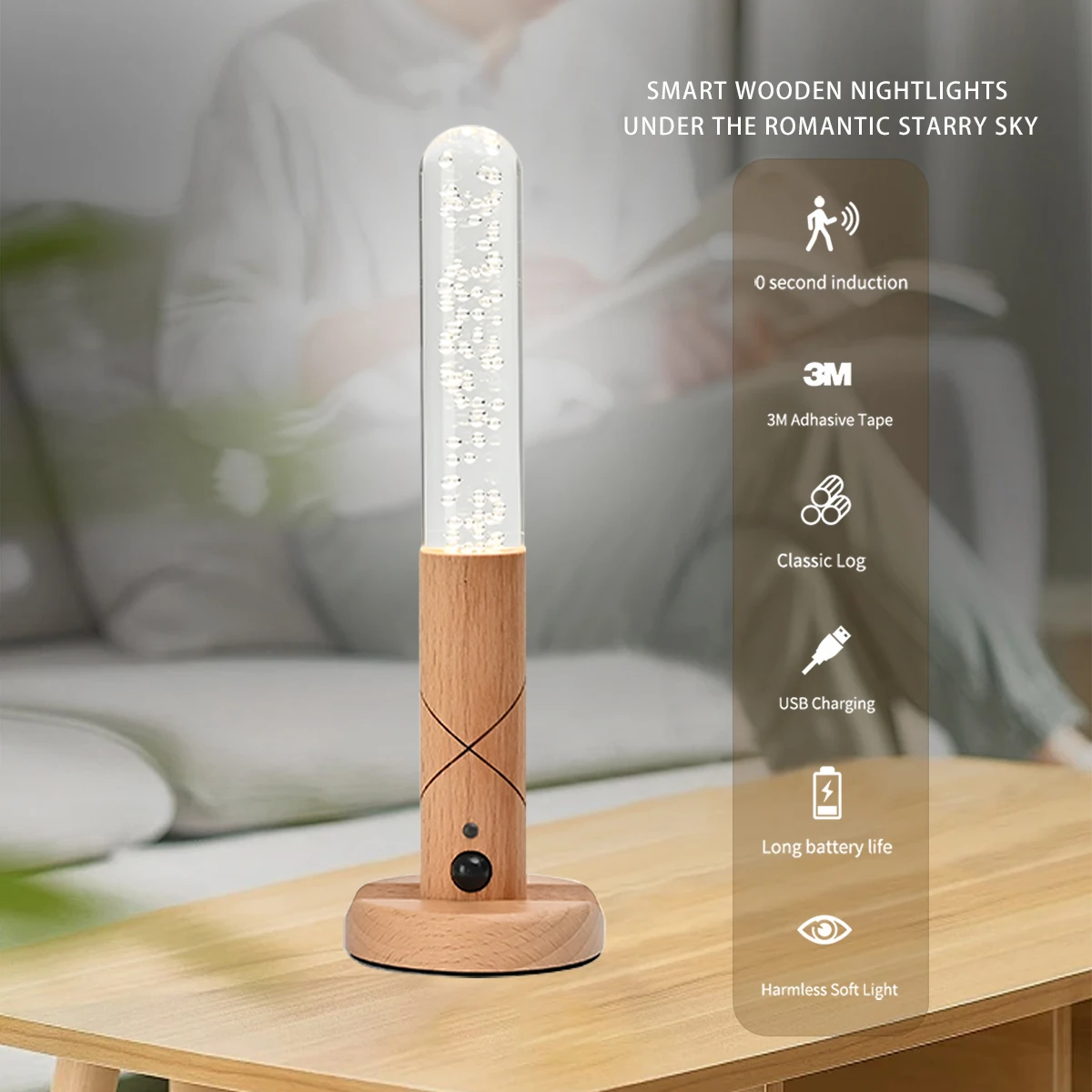 مصباح حائط LED لاسلكي بمستشعر للحركة ، ضوء ليلي دافئ ، عصا خشبية ، خزانة ممر ، ضوء خزانة ملابس ، ديكور منزلي