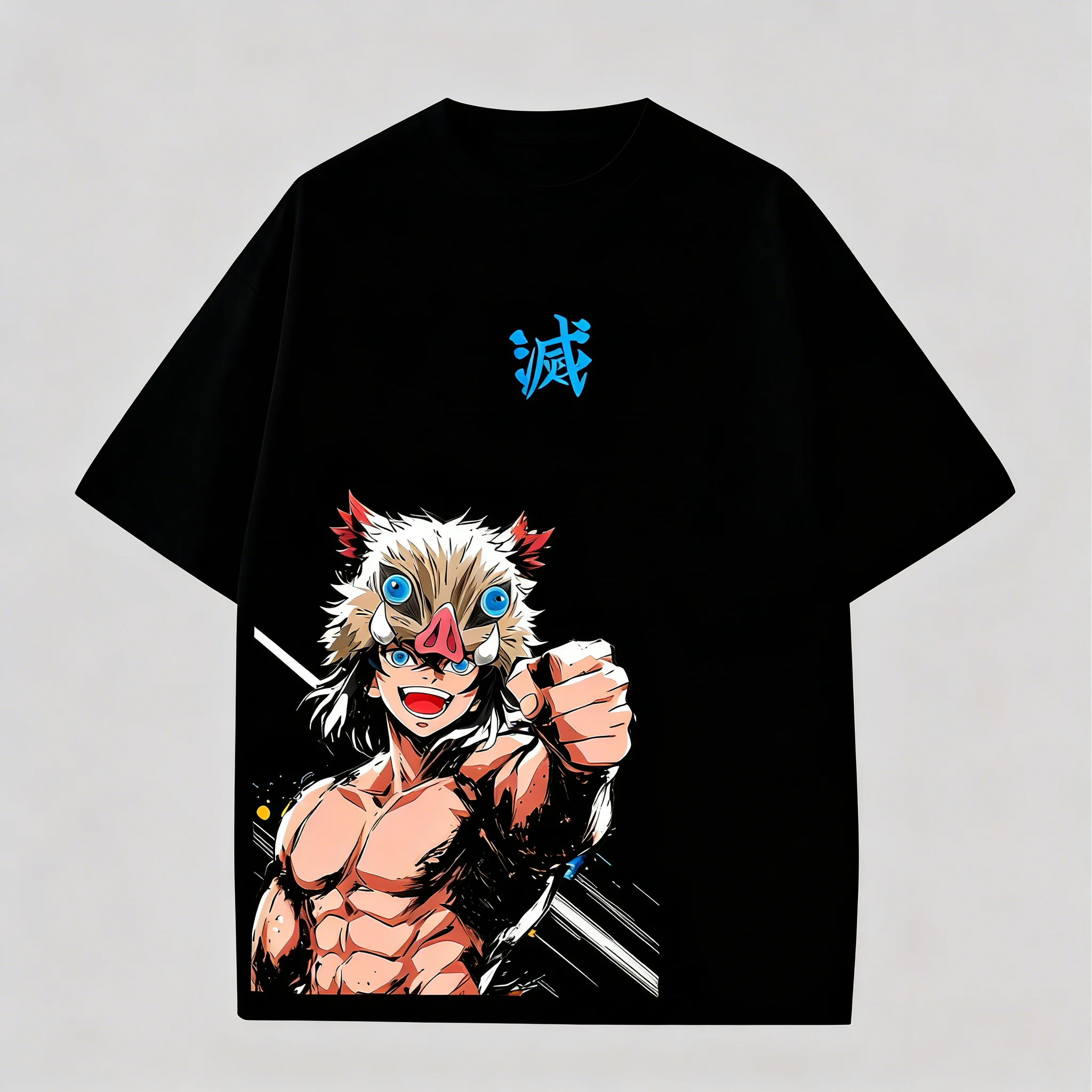 Camiseta Deportiva de Manga Corta para Hombre, Diseño Demon Slayer Inosuke Cabeza de Cerdo, Kanji Azul, Morado, Negro con Estampado Muscular