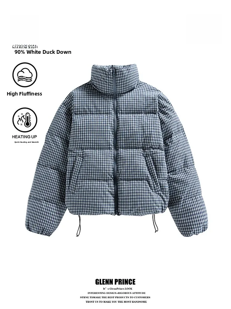 

GPstudio Retro Korean Sle ort Blue White Plaid Men's down Jaet Winter Thi Warm Bread Sle Outerwear Zipper Closure