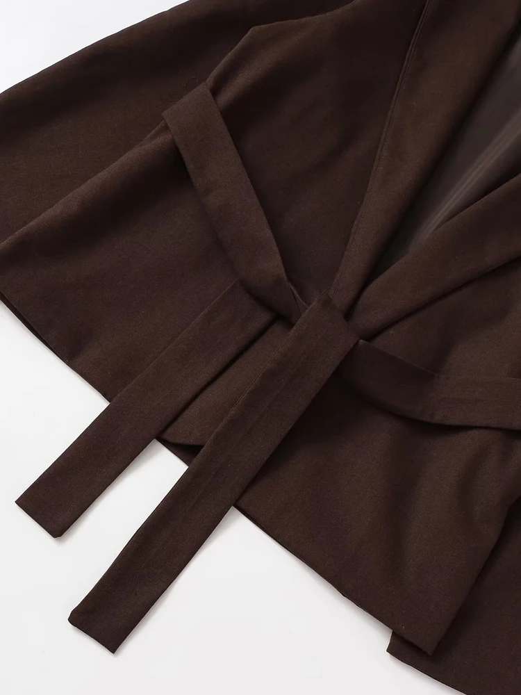 معطف نسائي أنيق بلون سادة مفتوح مع حزام فضفاض وأكمام طويلة ملابس خارجية نسائية أنيقة #4