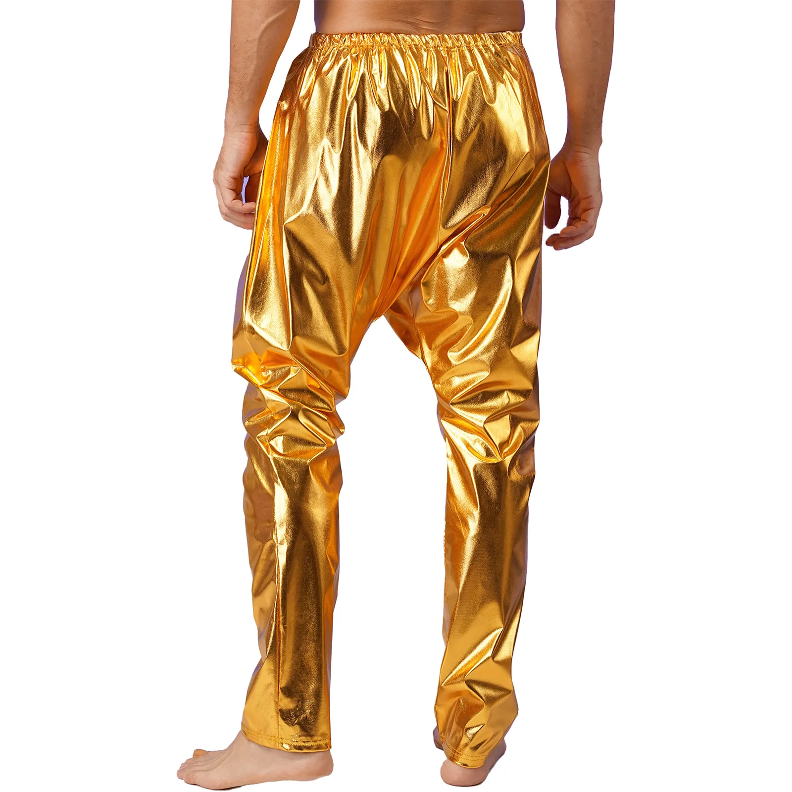 Mens Hip Hop Dancewear Metallic Shiny Long Pants Elastic Waistband Solid Lightweight Casual Harem Pants for Stage Performance