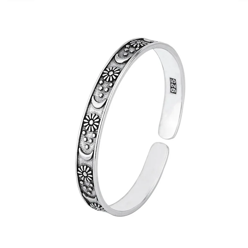 Vintage Thai Silver Moon Star Flower Silver Color Resizable Opening Bracelet For Women Luxury Jewelry Gift