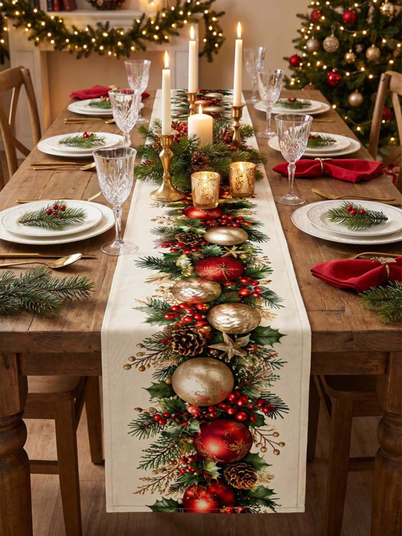 1pc Christmas Ball Pine Cone Holly Berry Linen Table Runner Decor for Dining Table Kitchen Living Room Winter Family Party Home