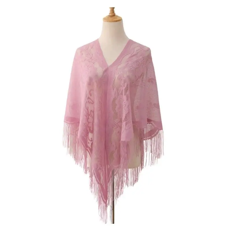 

39BD Elegant Fringed Lace Shoulder Wrap Hollowout Scarf for Vacation Evening Parties