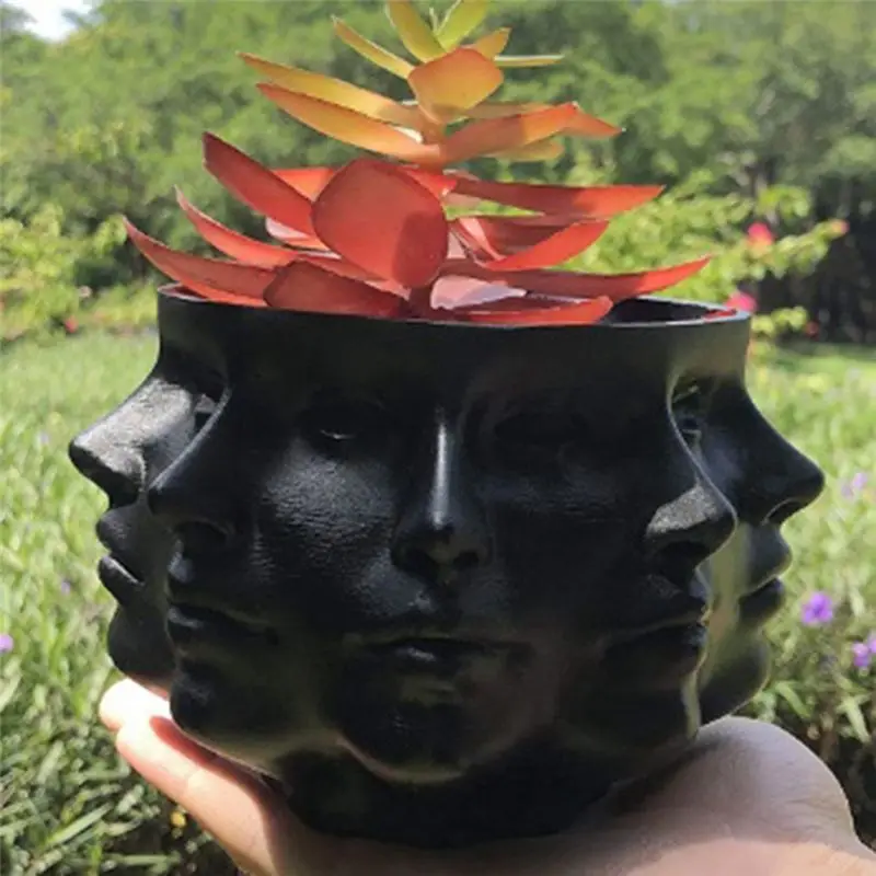 PZHI Face Flower Pot, Abstract Style Resin Vase Mould Multi-Faceted Human Face Flowerpot for Succulents, Black Decorative