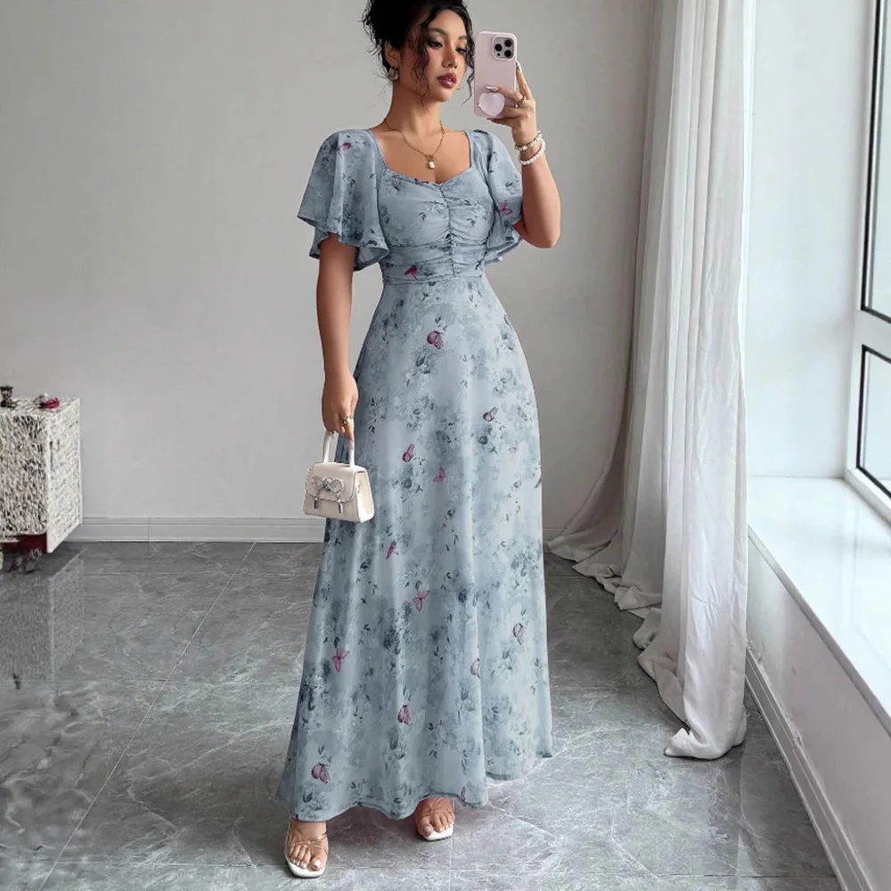 Sommerliches neues Damenkleid im lässigen Büro-Stil mit Lotusblattärmeln, bedruckt, figurbetont, elegant und anmutig, langes Kleid