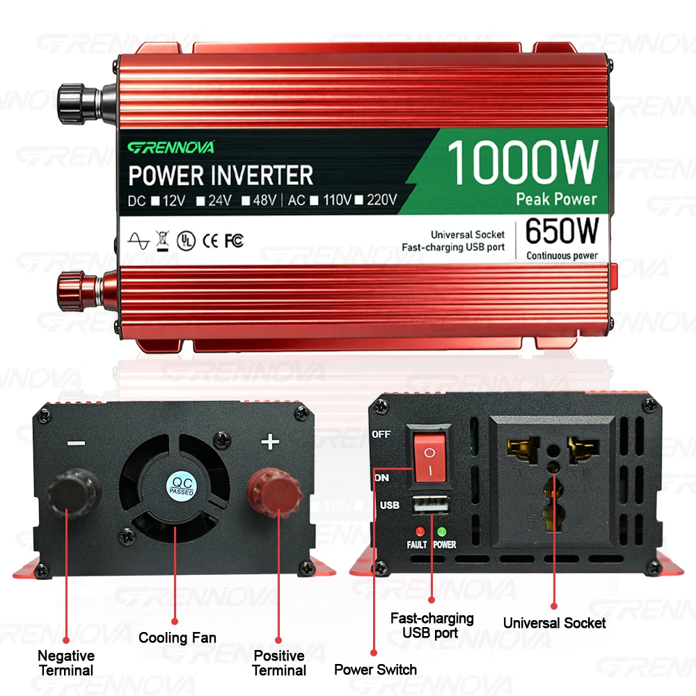 1000W - 2200W Peak Power Inverter Real 650W - 1100W Rated DC 12/24/48V To AC 110 220V | Runs Fridge TV & Microwave for Home Farm