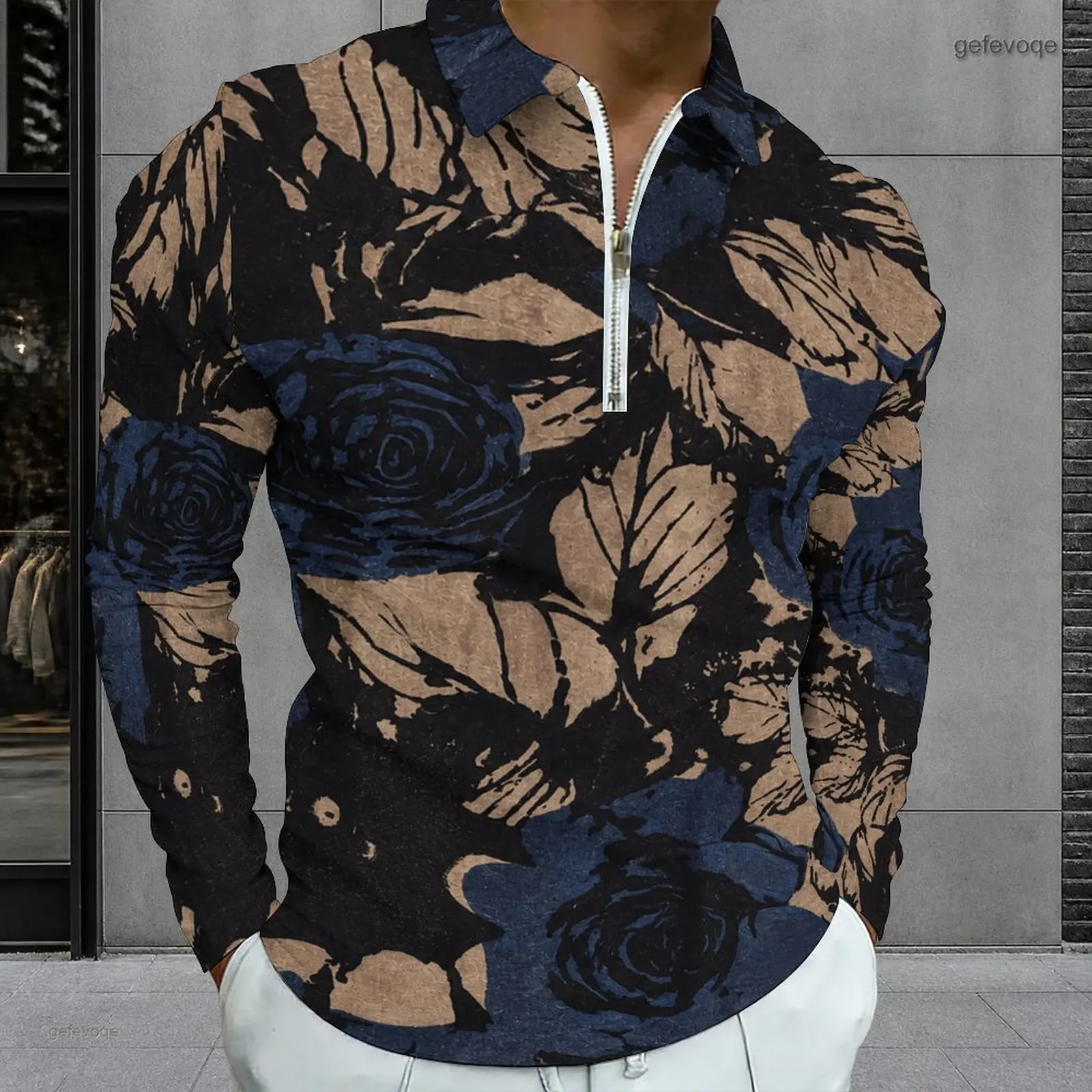 Men All Over Colorful Floral Printed Long Sleeve Quarter Zip Collared Polo Shirt
