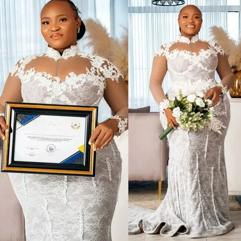 Personalizado plus size vestido de casamento para noiva sereia vestidos de noiva ilusão alta pescoço mangas compridas renda frisada