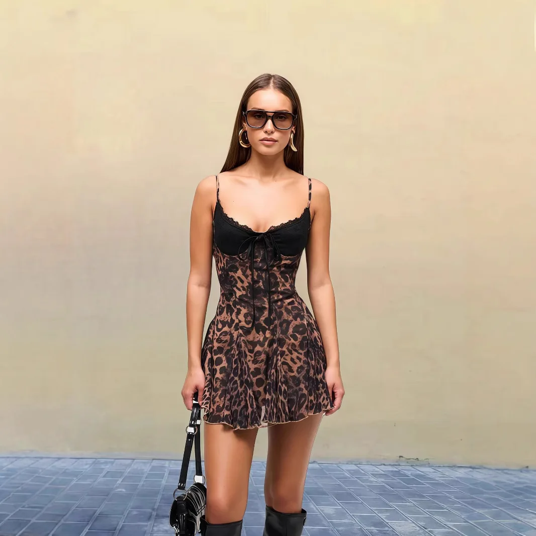 

Fashion Printed Lace Splicing Suspender Dress Women's 2025 Lace-up Skirt