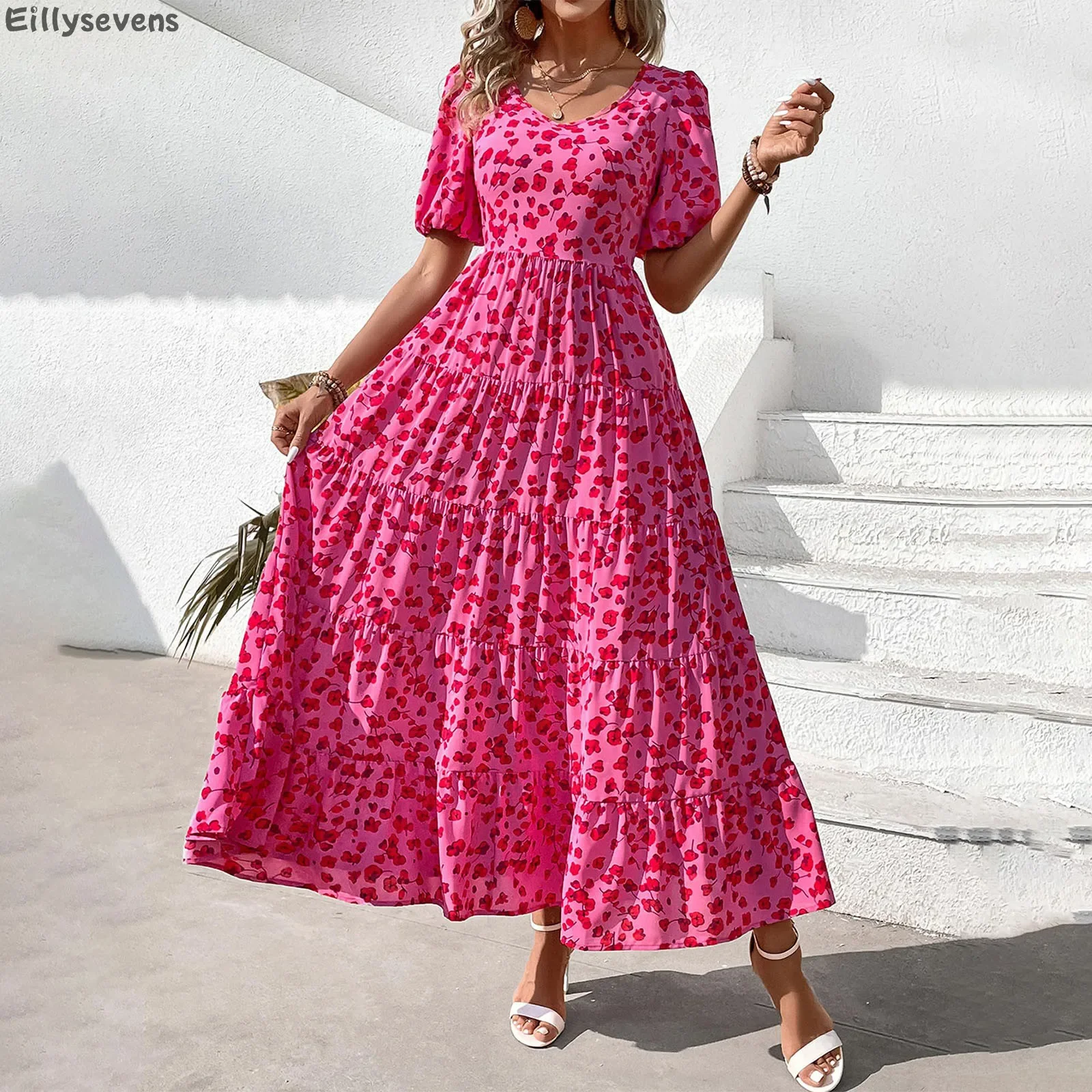 Vestidos para mulheres casual verão traf puff manga floral maxi vestido reunido aberto volta fluindo em camadas praia boêmio saias longas