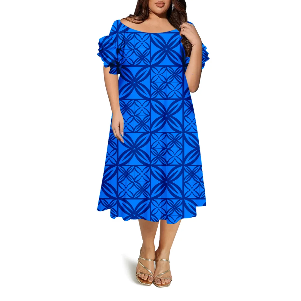 Novo estilo polinésia feminino vestido longo de manga curta vestido de um ombro padrão floral em camadas plissado fora do ombro vestido