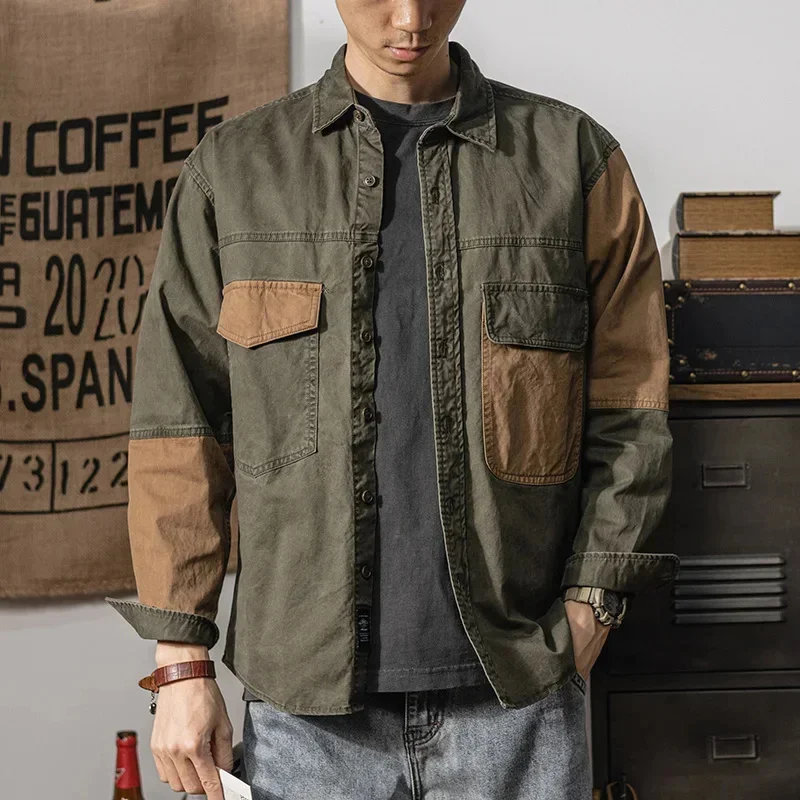 

Spring and autumn new American vintage khaki loose long-sleeved shirt Japanese casual cargo men's patchwork trend top
