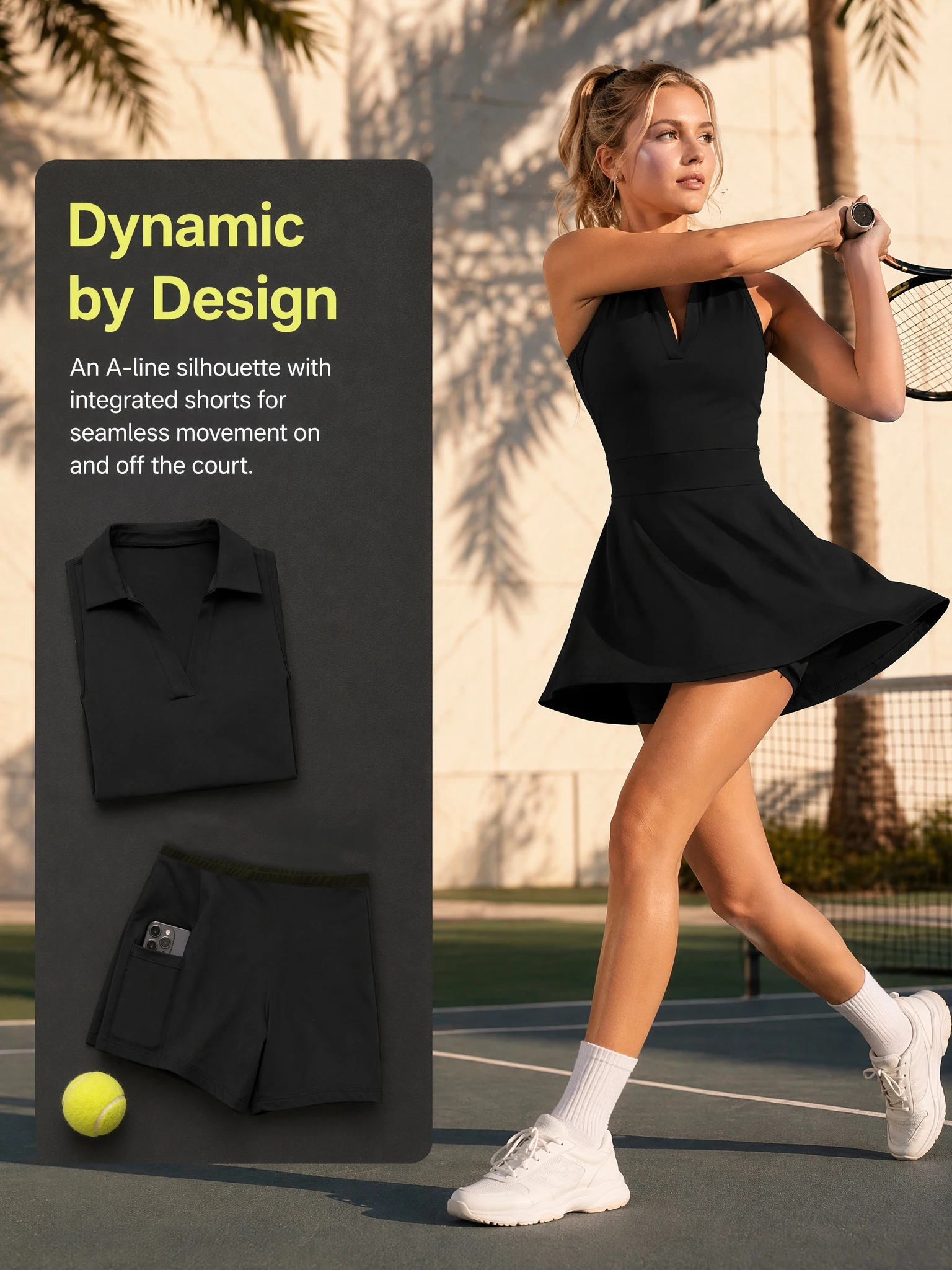 Ärmellose Golf- und Tenniskleider für Damen mit Innenshorts und Taschen für das Training – Detail 4