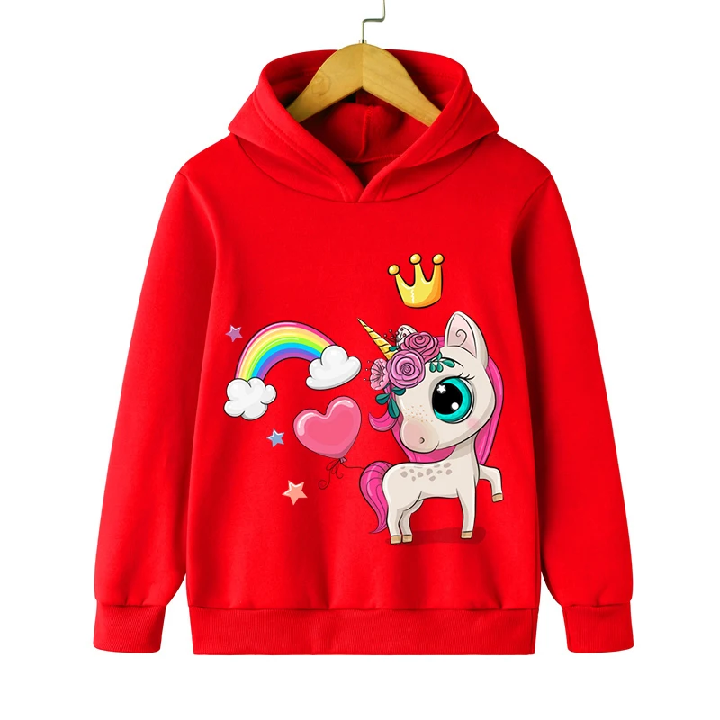 New Fashion Hoodies Cute Rainbow Crown Unicorn Print Hooded for Boys Girls Long Sleeve Pullover Cartoon Anime Unicorn Sweatshirt