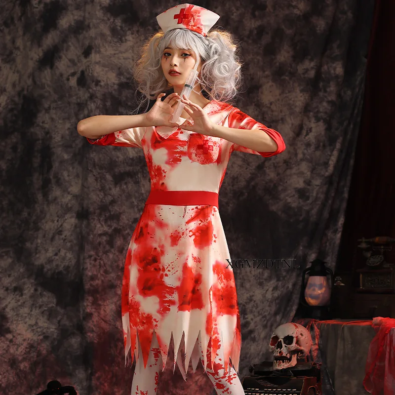 Halloween Women Dress Ghost Nurse White Irregular Edge Bloody Skirt Terror Party Sexy Suit Cosplay Costume Festival Performance