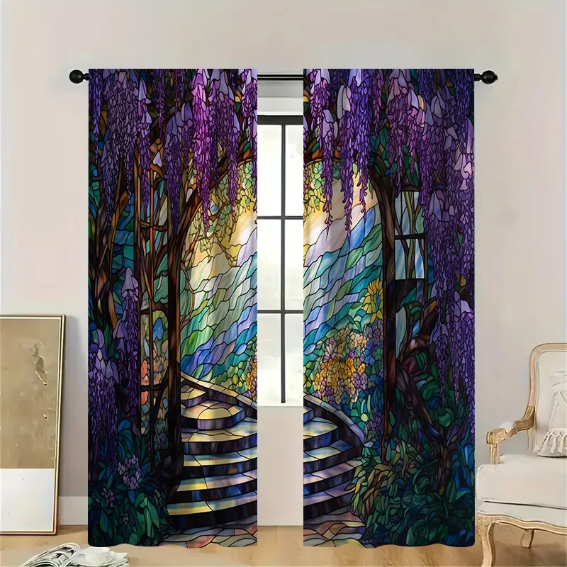 2pcs Violet Wisteria Path Curtains, Stairway to Garden Sheer Light Filtering, Artistic Landscape for Serene Living Room