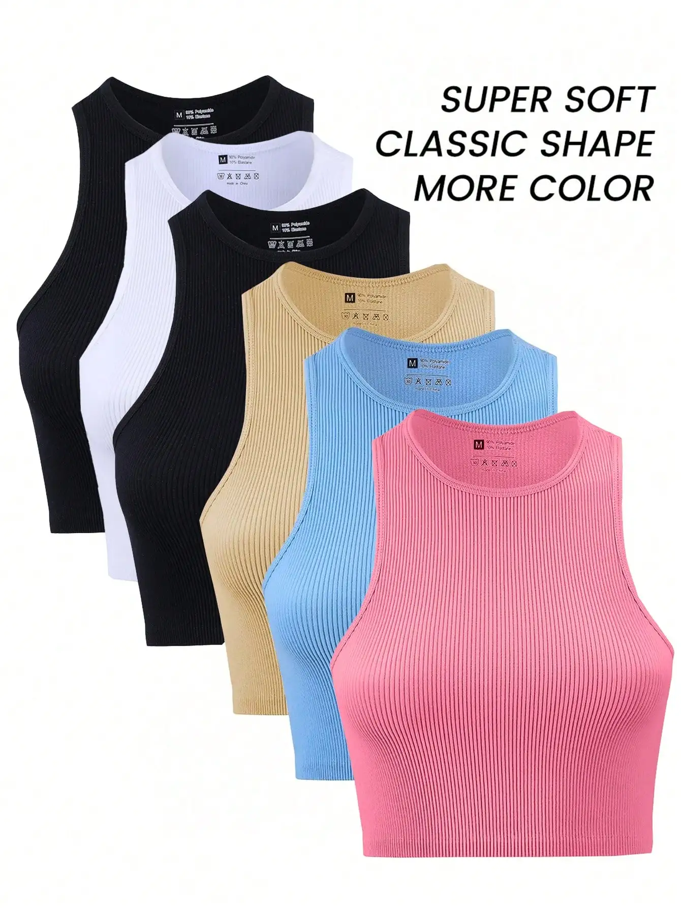 6Pcs Seamless Ribbed Workout Crop Top High Elastic Breathable Sports Yoga Tank Top Sleeveless Racerback Fitness Gym Activewear