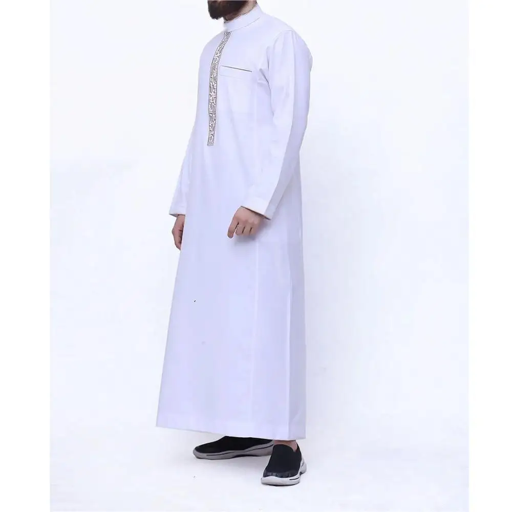 New Kaftan Muslim Men's Robe Embroidery Stand Collar Arabic Fashion Casual Men White Abaya（M-4XL)）