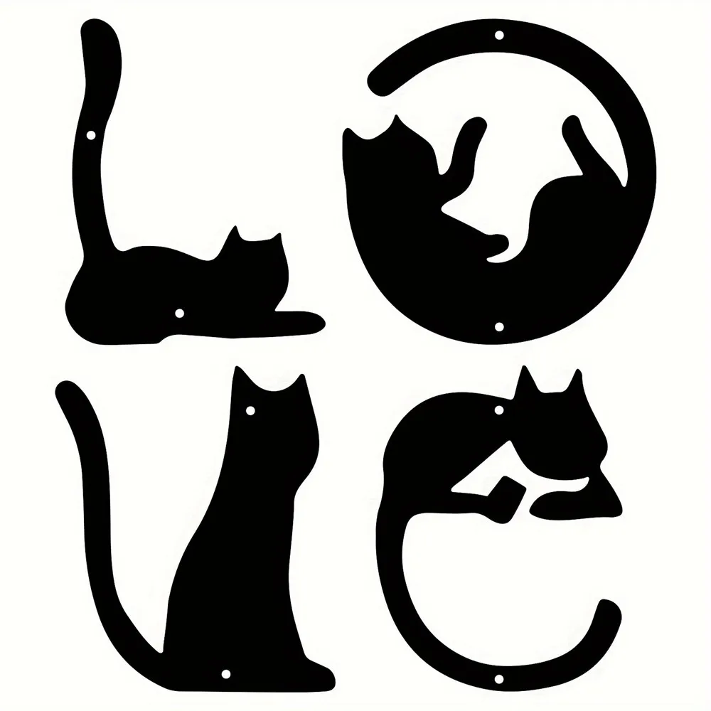 4pcs Cat Metal Wall Decor, Love Shape Wall Art, Black Cat Metal Sign for Bathroom, Bedroom, Kitchen Decor, Gothic Halloween Gift