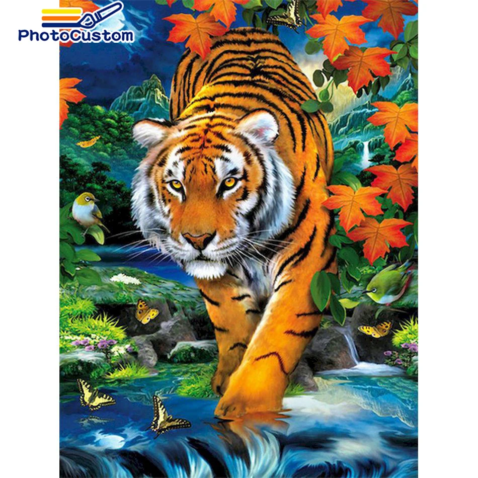 

CHENISTORY Full Round Diamond Painting Animal Tiger Home Decor Embroidery Mosaic Picture Cross Stitch Rhinestones Wall Art