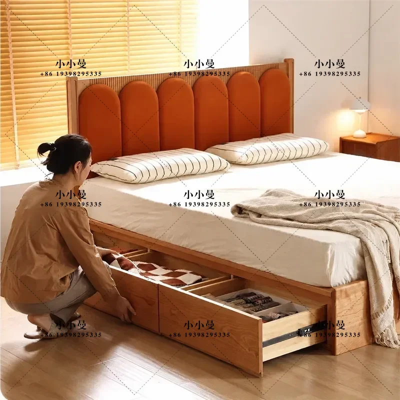 Retro Cherry Wood Solid Wood Drawer Storage Bed Master Bedroom Upholstered Bed Small Apartment Black Walnut High Box Bed