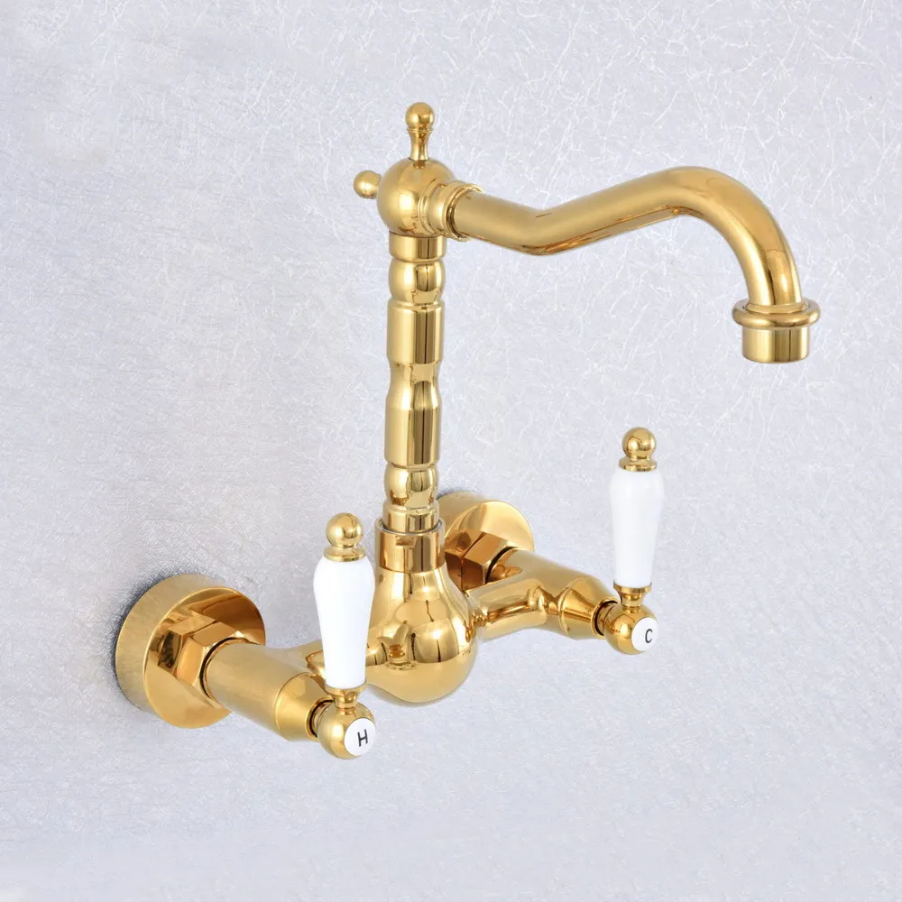 

Golden Brass Dual Handle Duals Hole Wall Mount Basin Faucet Bathroom Vanity Kitchen Sink Cold and Hot Water Mixer Taps Dsf608