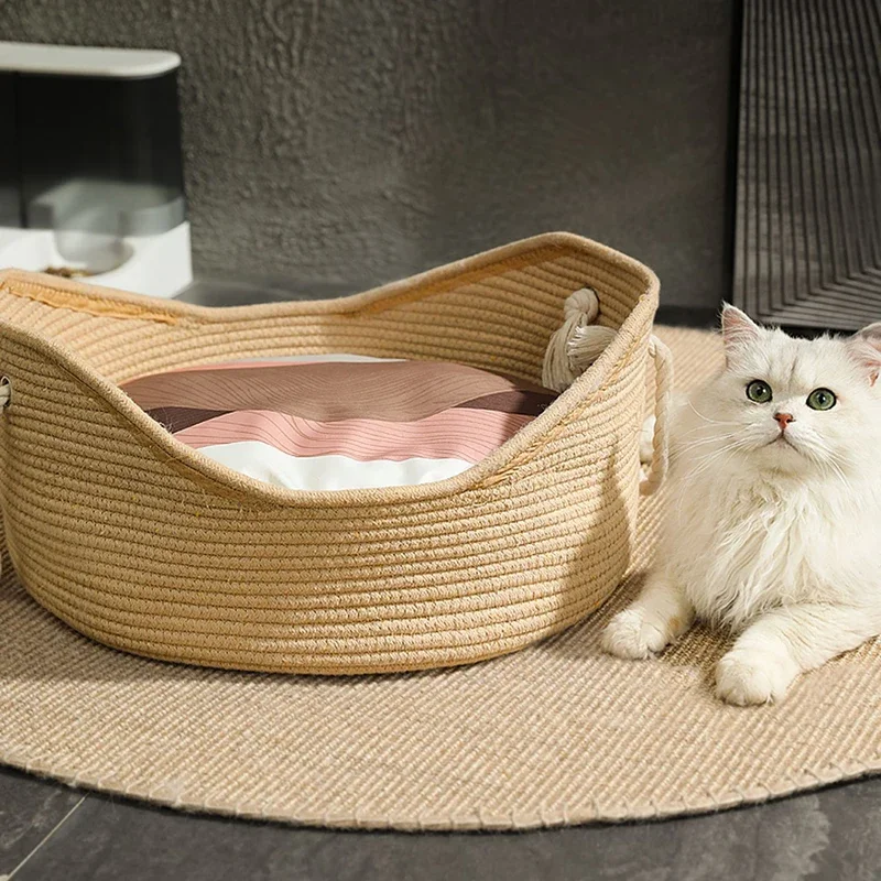 Handcrafted Rattan Cat Bed Puppy Kennel Woven Summer Cool Nest for Cat Kitten Scratching Sleeping Mat Cat Lounger Cushion