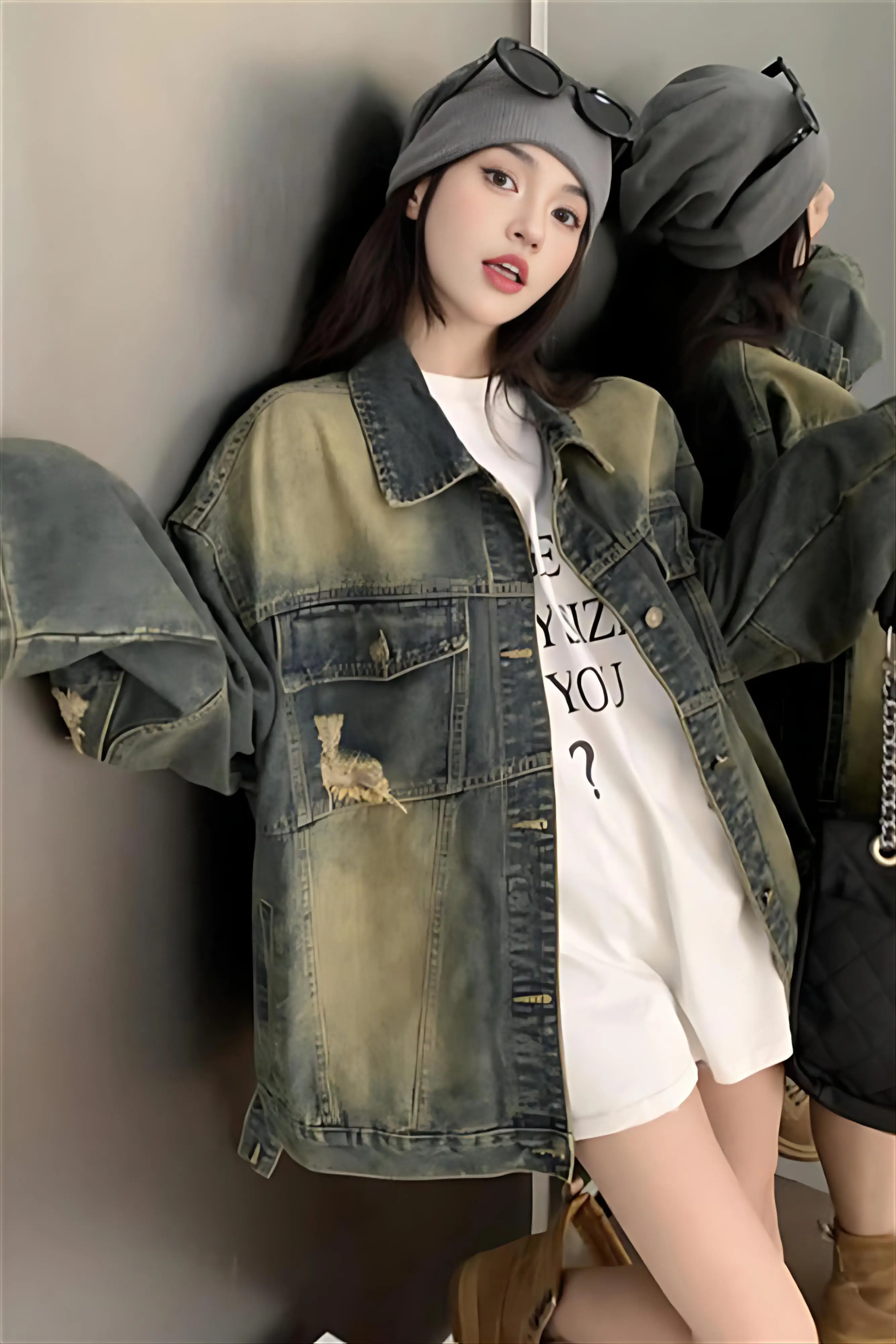 

Джинсовое пальто и меховое женское осеннее широкое спортивное пальто с поясом и пуговицами в рубчик, спортивная одежда с воротником-стойкой, эластичная вышивка, свободного кроя, OL