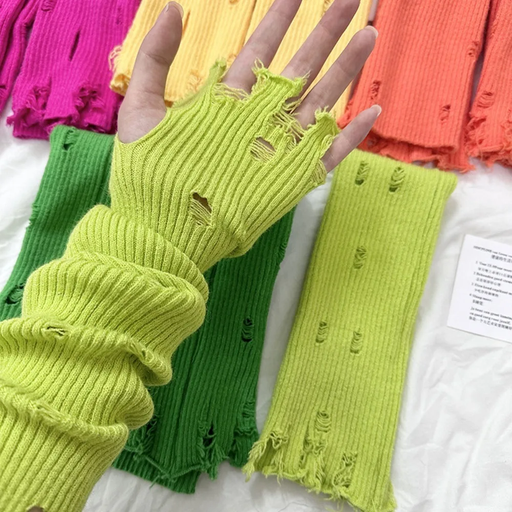 Japanese Korean Style Knitted Ripped Arm Sleeves Hole Y2k Long Fingerless Gloves Spicy Girl Sweet Warm Arm Covers JK