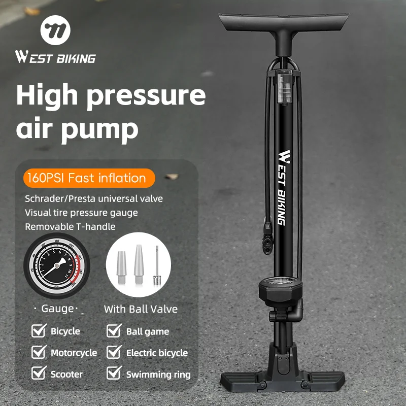 WEST BIKING 160PSI Bicycle Pump with Pressure Gauge Schrader Presta Valve Adapter Hand Floor High Pressure Standing Air Pump