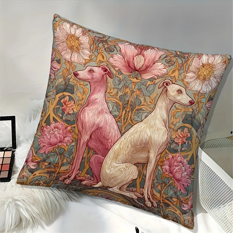 1pc Art Nouveau Greyhound Pillow Cover, Polyester 2D Double-Sided Print, Whippet Dog & Floral William Morris Style Art, Pet Love