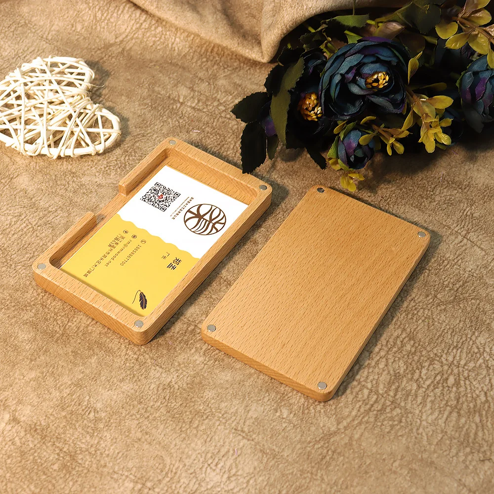 Magnetic Carry-on Business Card Case Solid Wood Box Wooden Name Card Holder Beech Business Card Case