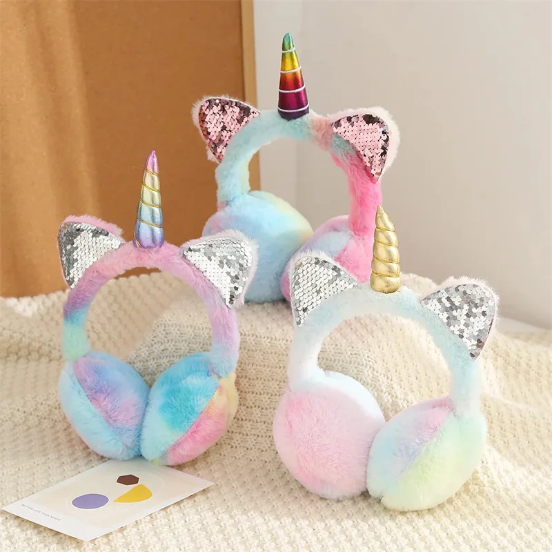 

Halloween Unicorn Costume Kids Sequins Tie Dye Plush Warmer Winter Warm Earmuffs Ear Cover Girls Boys Cold Protection Ear-Muffs