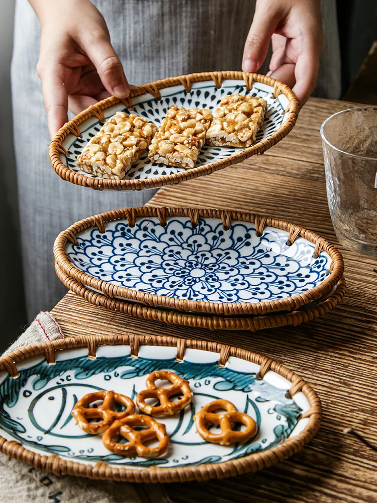 

Japanese rattan woven fruit plate light luxury ceramic snack plate household living room afternoon tea snack plate