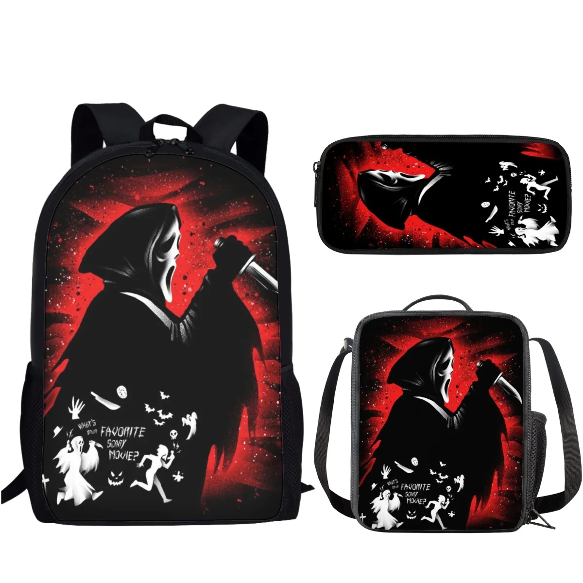 Herror Scream Pattern Bedruckt 3 Teile/satz Schultasche für Kinder Jungen Mädchen Student Campus Tägliche Aufbewahrung Rucksack Lunchtasche Bleistiftbeutel