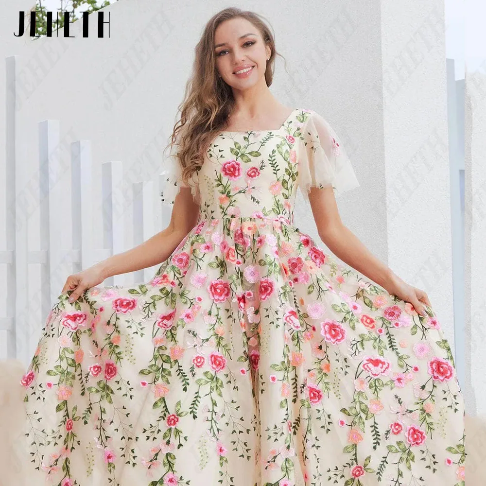 Jeheth Flower Lace dance dress embroidery Flower Lace a short Sleeve TUL Party dress Square neckJEHETH vestido De fiesta De encaje De flores, bordado Floral, línea A, manga corta, tul, cuello cuadrado, Vestidos De Gala