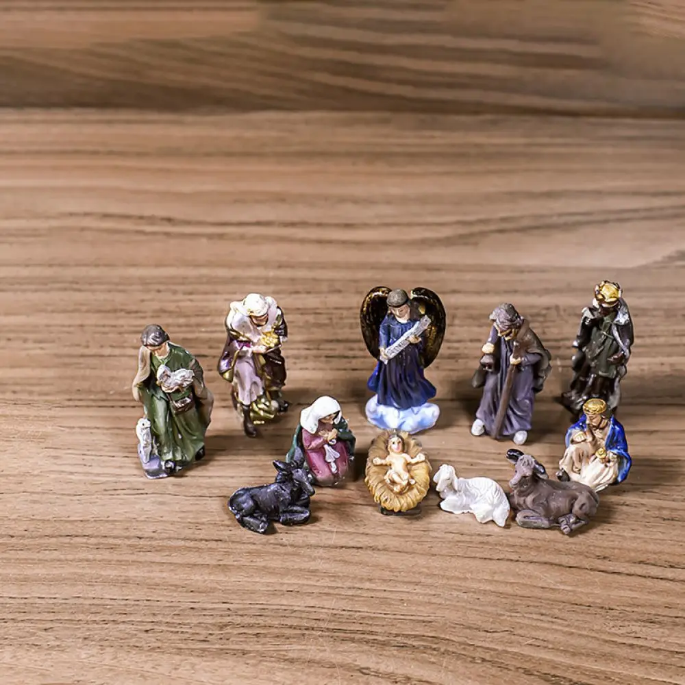 Nativity Scene Resin Figurine Ornament Miniature Manger Stable Statue Desktop Decor Christmas Holiday Gift Home Decoration