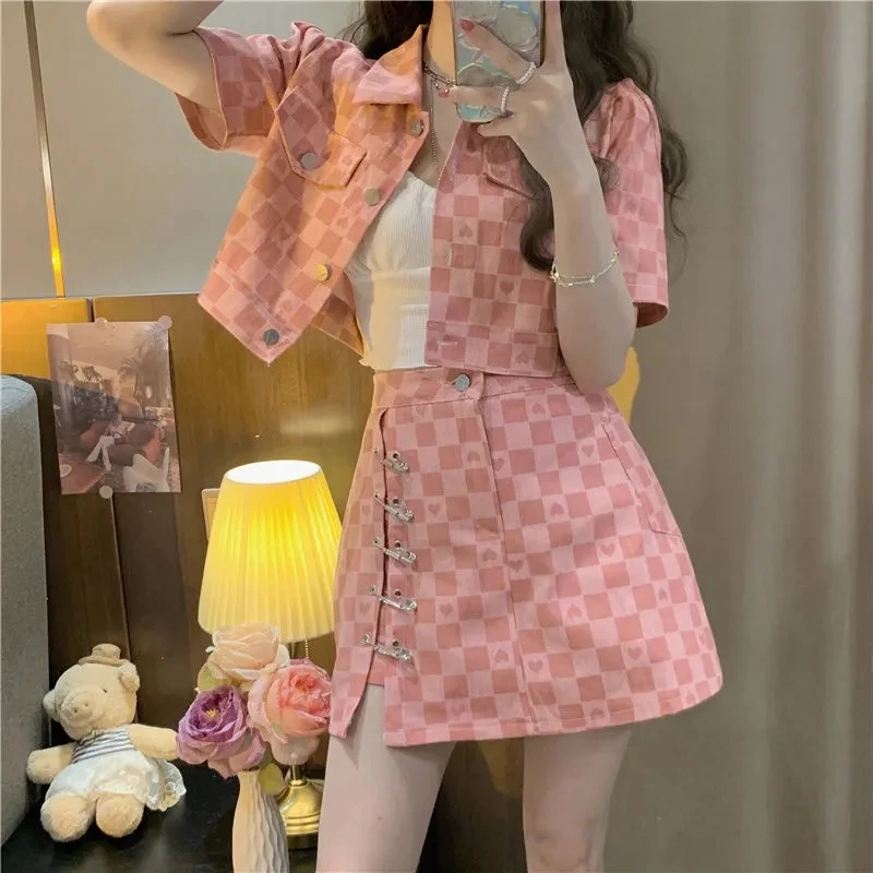 Summer Sexy Plaid Skirt Suit Women 2 Piece Set Korean Style Short Sleeve Cropped Jacket And Design Pin A-Line Mini Skirt Outfits