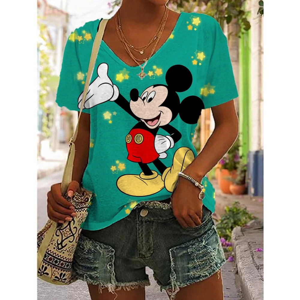 Simple Women\'s T-shirt Disney Mickey Mouse Print Tee Fashion V-neck Summer Loose Streetwear Female Clothes Casual Tshirt Ladies