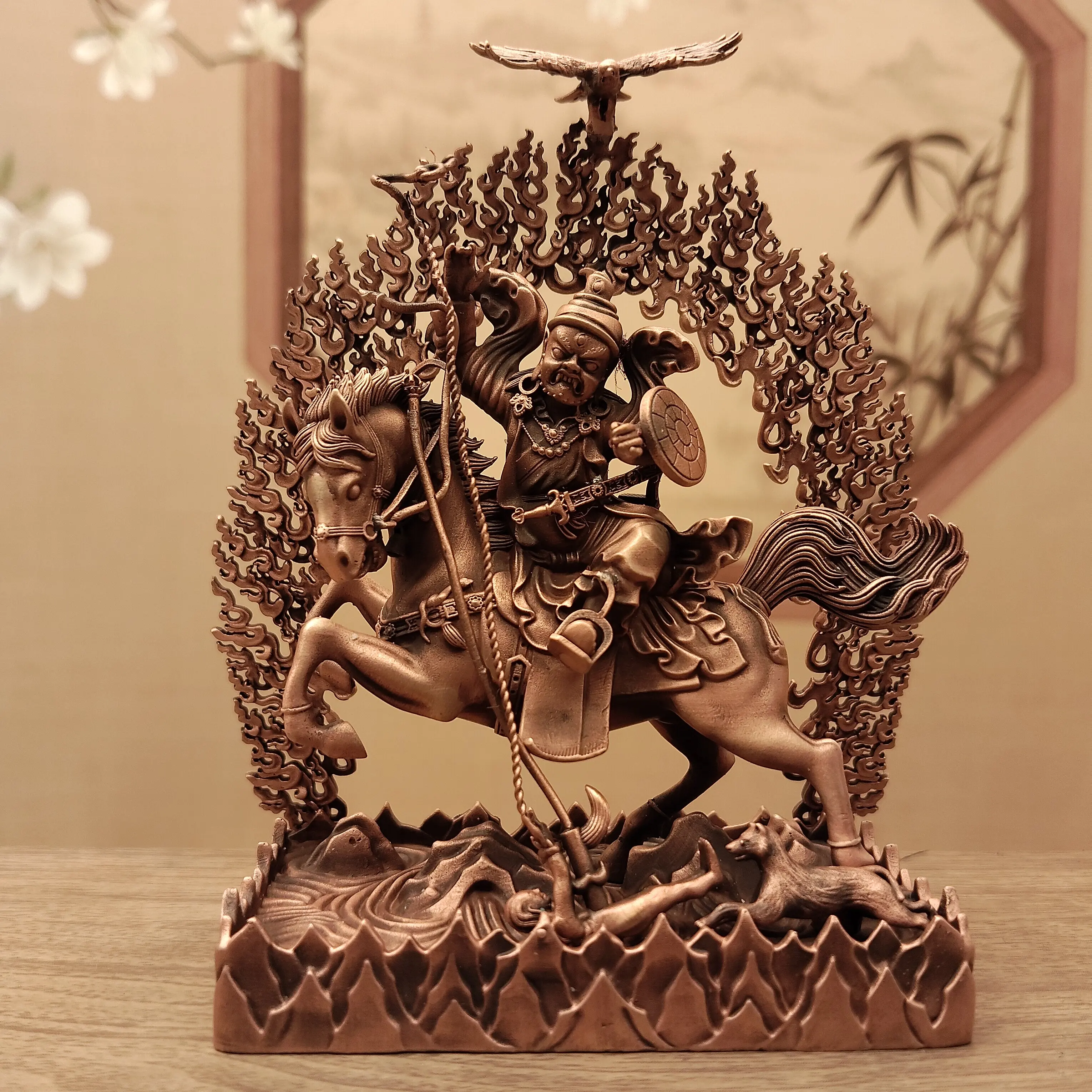 Tibetan Vajrayana Antique Copper Tsema Protector Deity Statue 10cm Home Altar Desktop Blessing