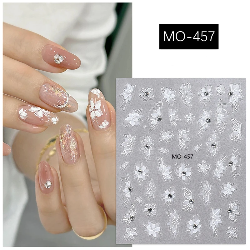 5D Embossed Nail Art Stickers Shining Diamonds Gradually White Petals Flowers Butterflys Nails Decals Decorations For Manicures