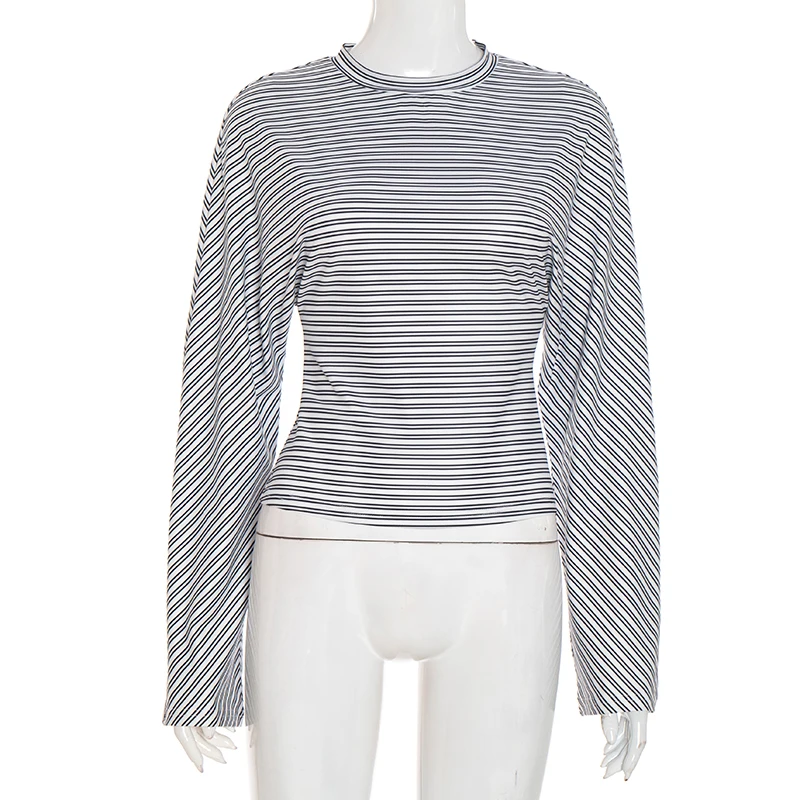 Trendy odzież damska 2025 Koszulka w paski z nadrukiem Długi rękaw Krótki top Młodzieżowe bluzki codzienne Bluzki damskie z marszczonym pasem Pulowery damskie